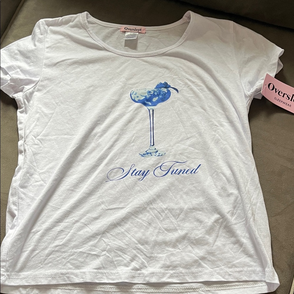 Overslept White T-Shirt with Blue Graphic